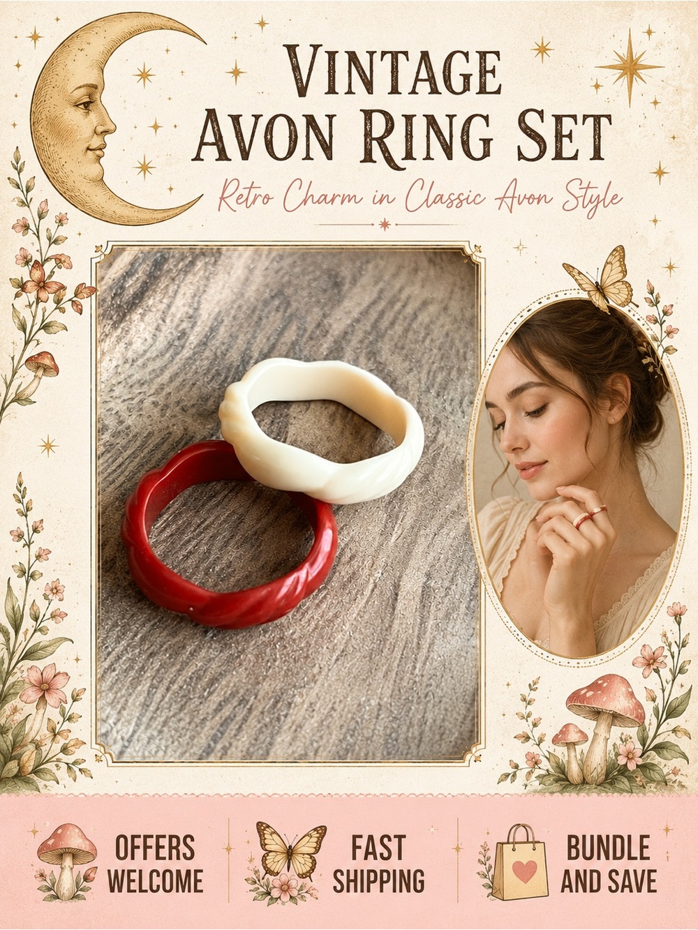 Vintage Avon Red Ivory Scalloped Ring Set Size 7